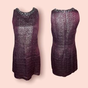 VTG Maggy London Metallic Purple Sheath Dress Sequin Beaded Bib Collar Size S